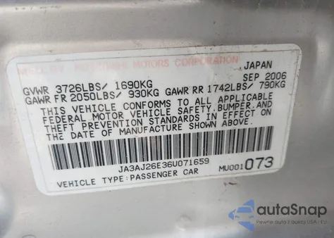 2006 Mitsubishi Lancer Es/Se from USA, damaged, VIN JA3AJ26E36U071659